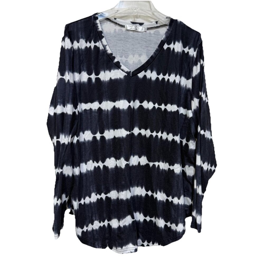 Hbeyyto Womens 2X Shirt Top Blouse Black White Tie Dye Pullover Long Sleeves